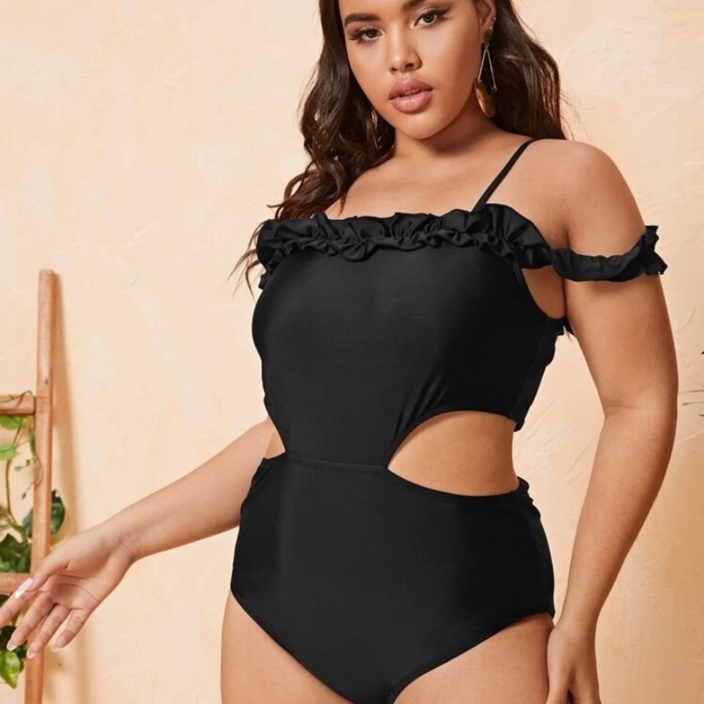 Plus ruffle trim cut out swimsuit